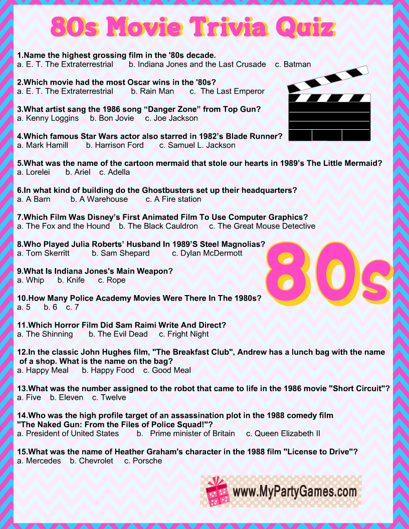 Free Printable 80s Movie Trivia Quiz