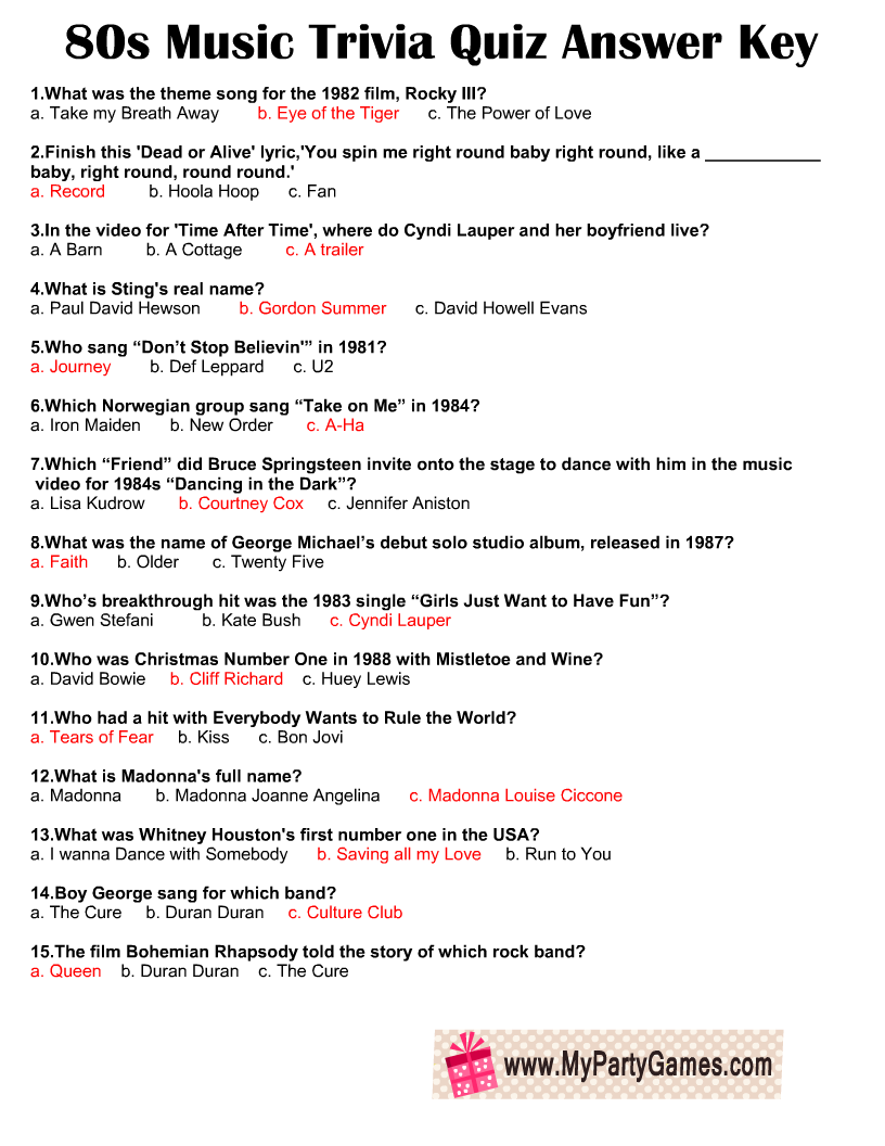 ' Music Trivia Quiz Answer Key