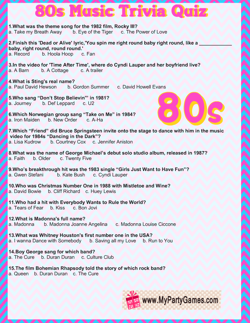 Free Printable 80s' Music Trivia Quiz