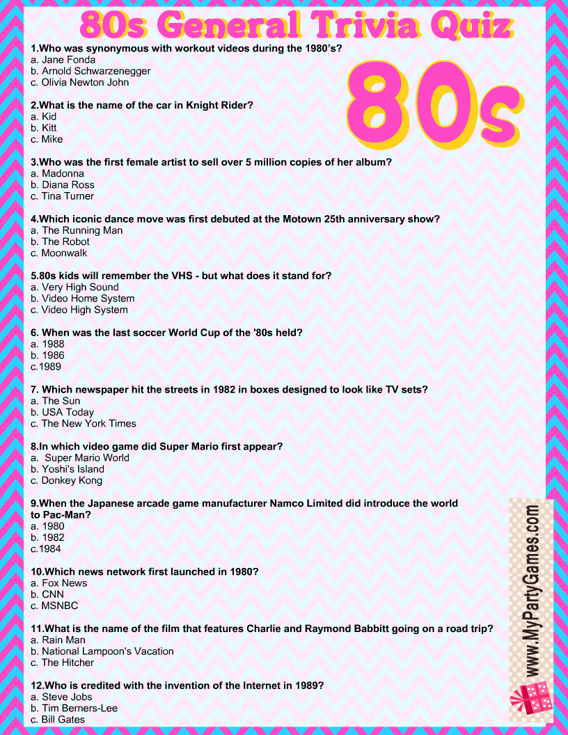 Free Printable 80s General Trivia Quiz