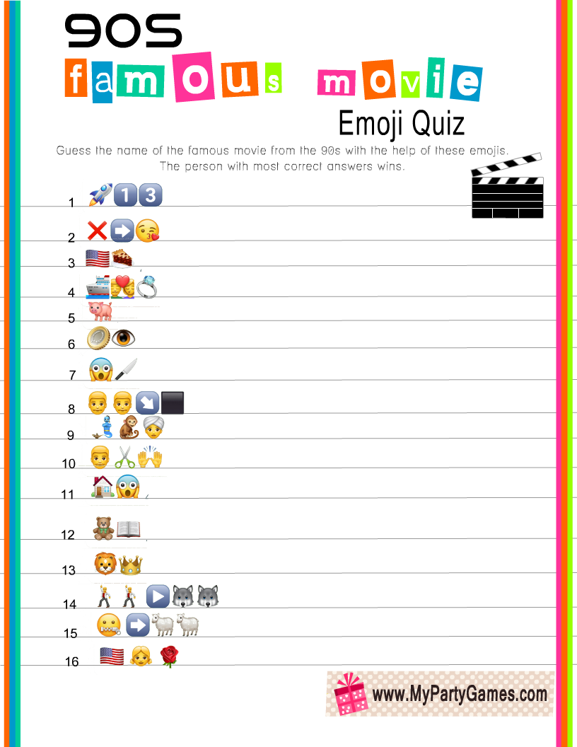 Free Printable 90s Famous Movies Emoji Pictionary Quiz