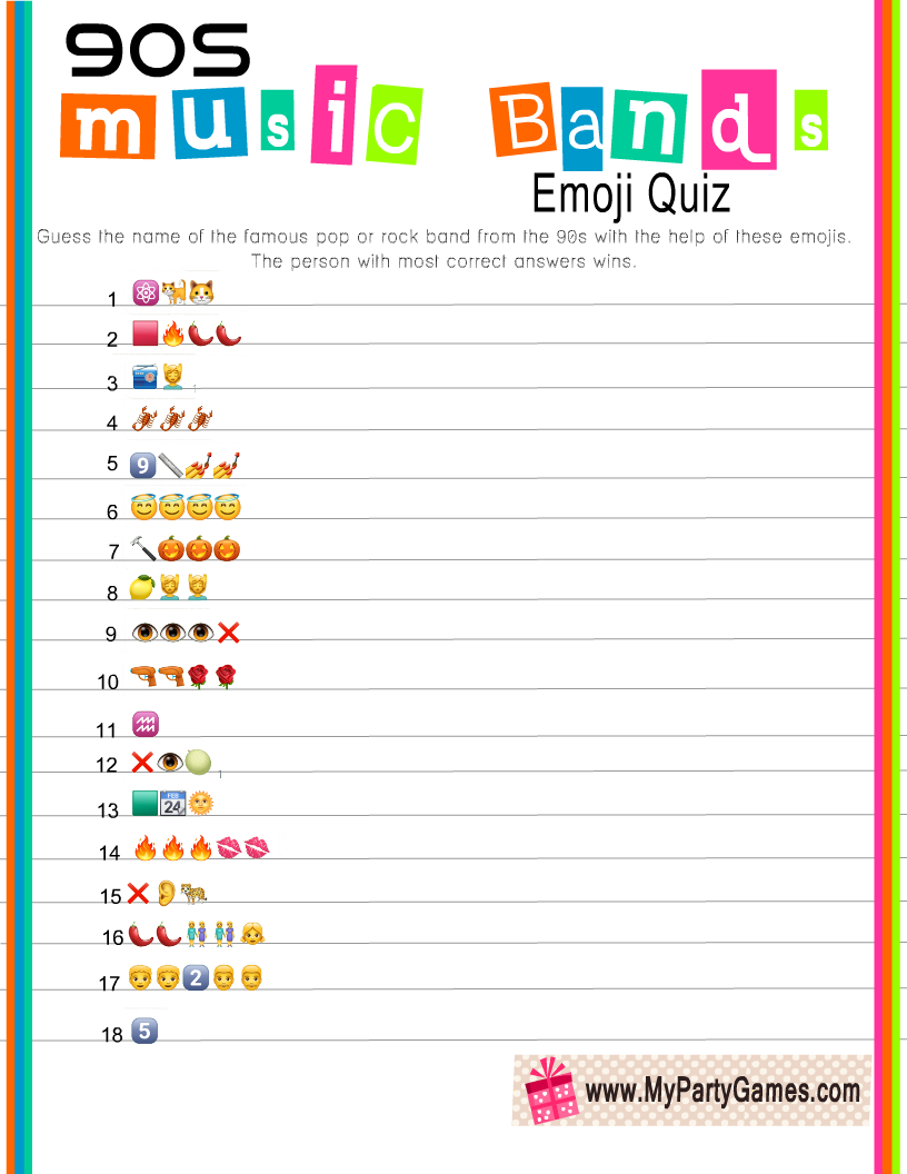 Free Printable 90s Famous Music Bands Emoji Pictionary Quiz
