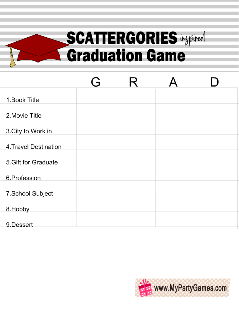 Free Printable Scattergories inspired Graduation Game with the Word Grad