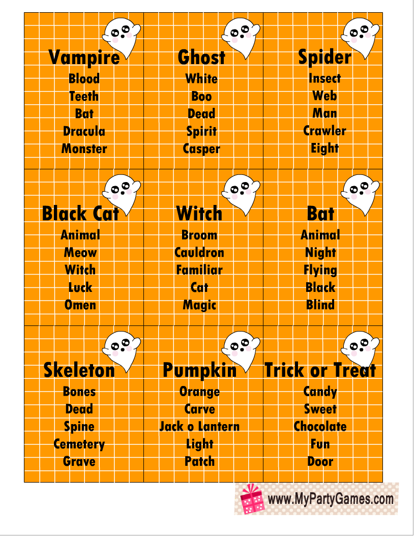 21 Free Printable Halloween Taboo inspired Game Cards