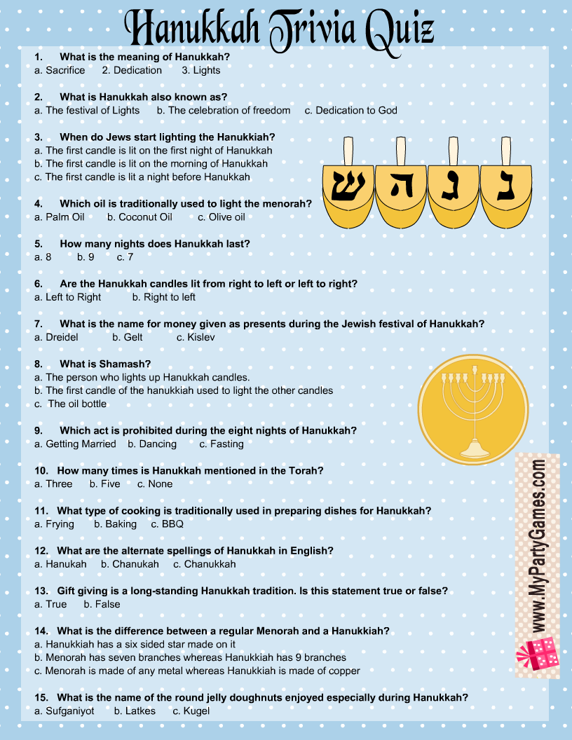 Printable Hanukkah Trivia Quiz