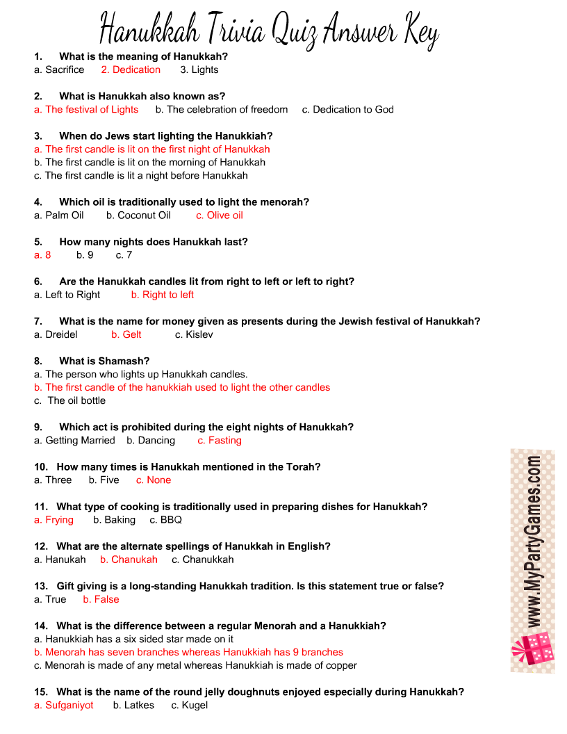 Free Printable Hanukkah Trivia Quiz With Answer Key