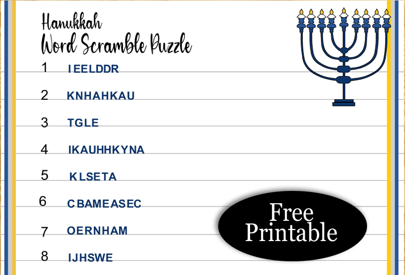 Free Printable Hanukkah Word Scramble Puzzle with Key