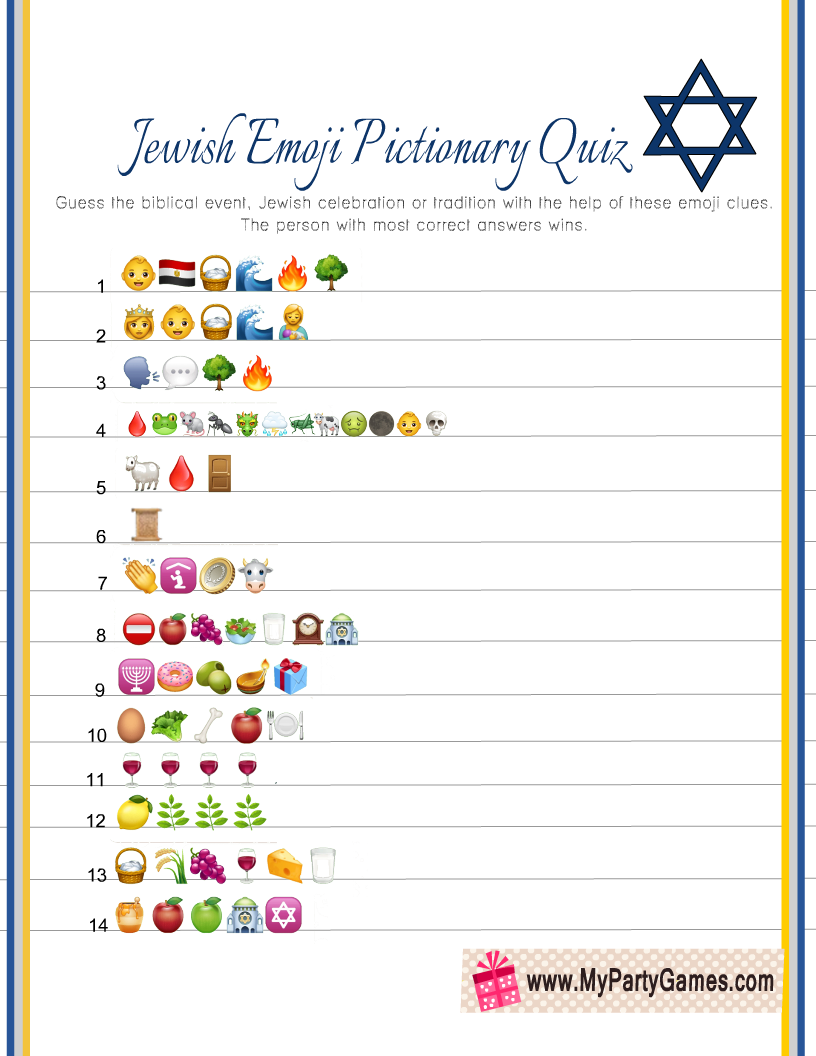 Free Printable Jewish Emoji Pictionary Quiz