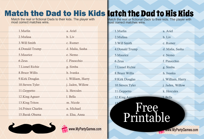 Free Printable Match the Dad to his Kids Game for Father's Day