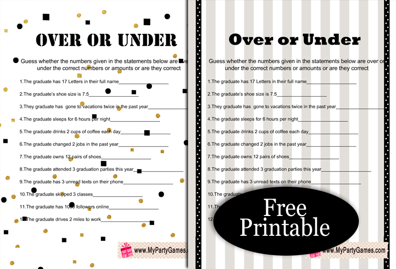 Free Printable Over or Under Graduation Game