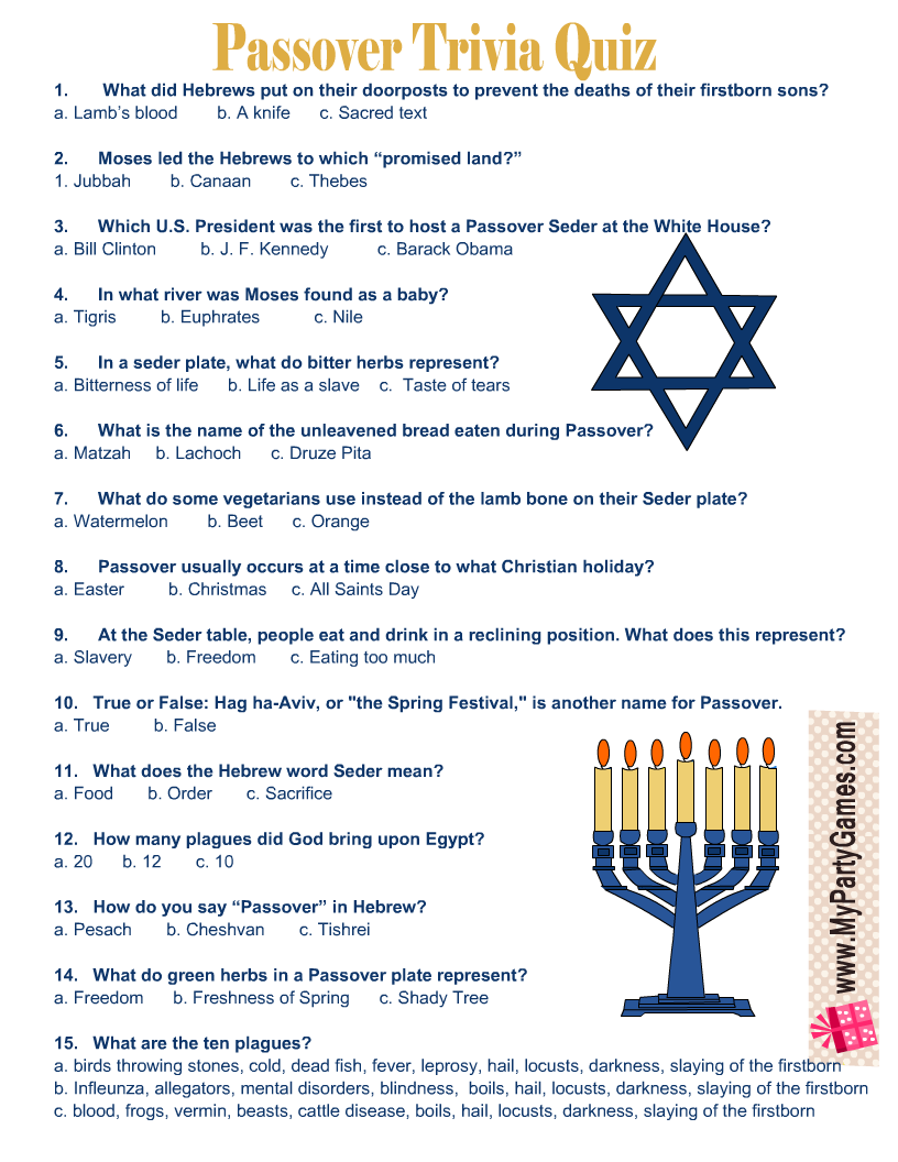 Jewish Passover Trivia Quiz Free Printable