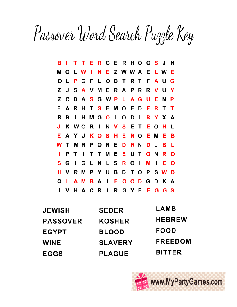 Passover Word Search Puzzle Solution Key