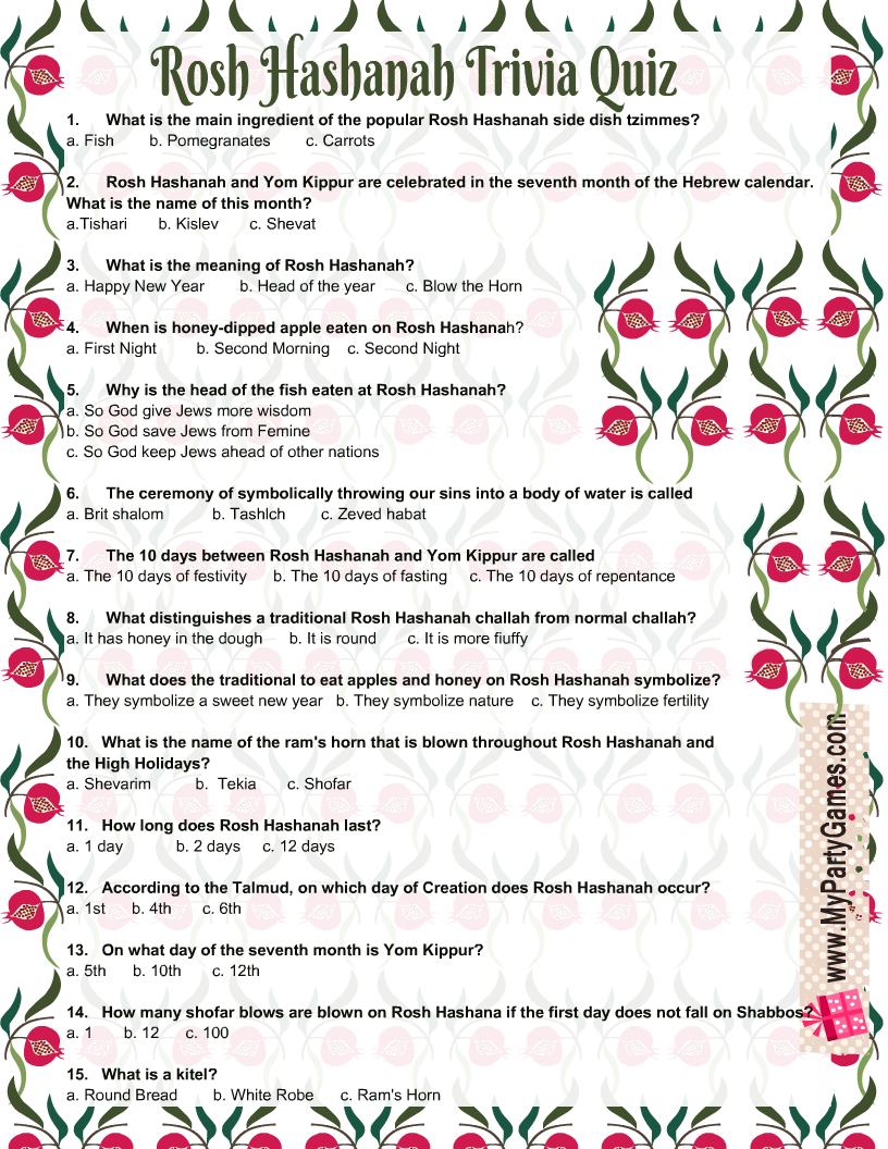 Free Printable Rosh Hashanah Trivia Quiz