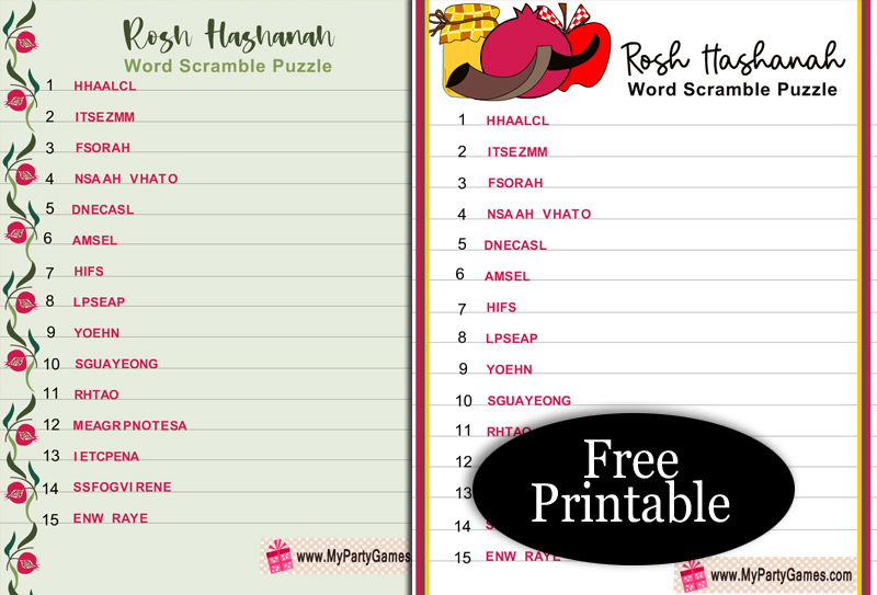 Free Printable Rosh Hashanah Word Scramble Puzzle with Key