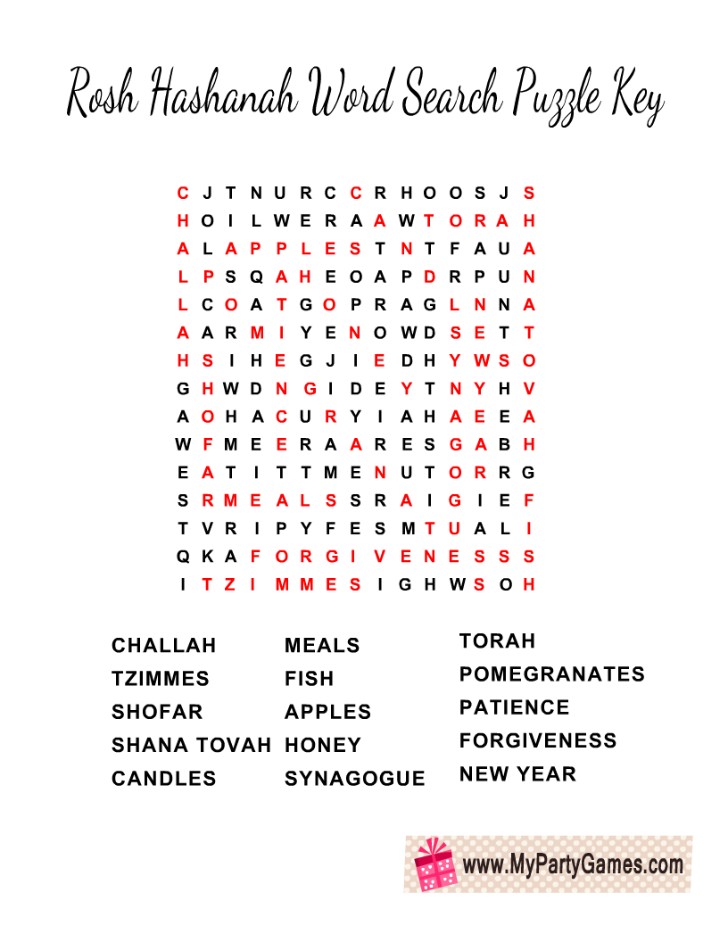 Rosh Hashanah Word Search Puzzle Solution