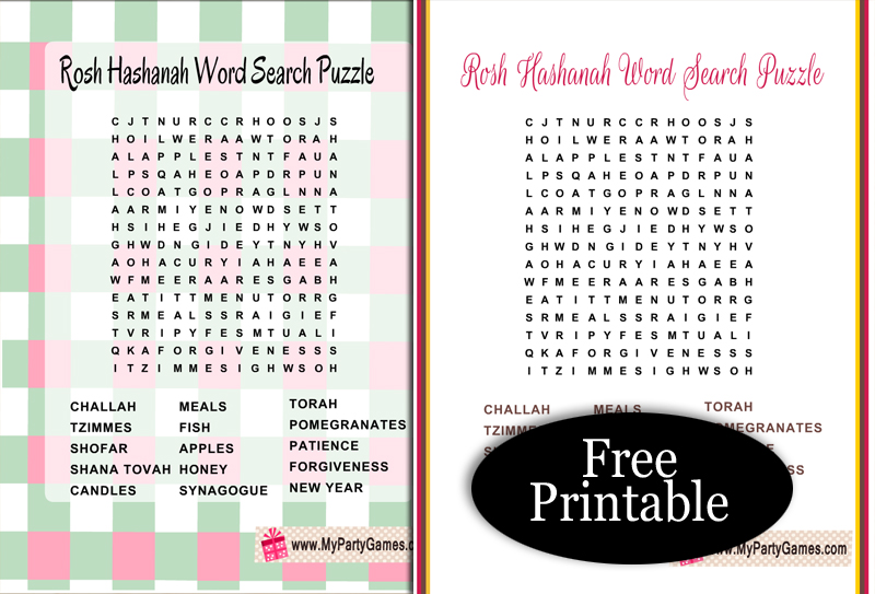 Free Printable Rosh Hashanah Word Search Puzzle with Key