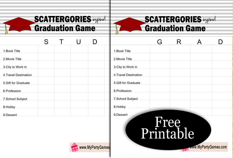 Free Printable Scattergories inspired Graduation Game