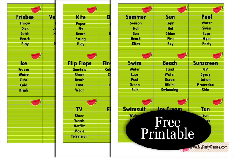 22 Free Printable Taboo inspired Summer Game Cards