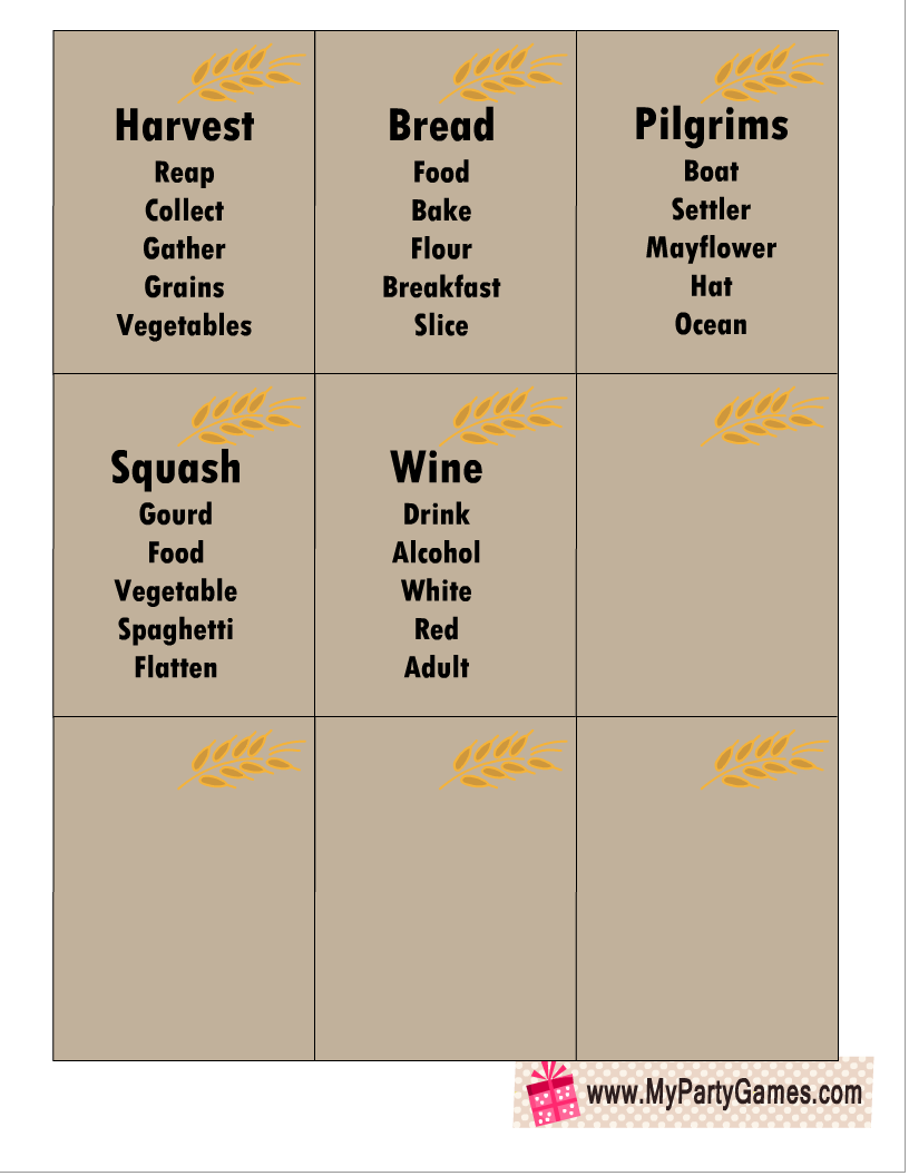 Free Printable Thanksgiving Taboo inspired Game Cards