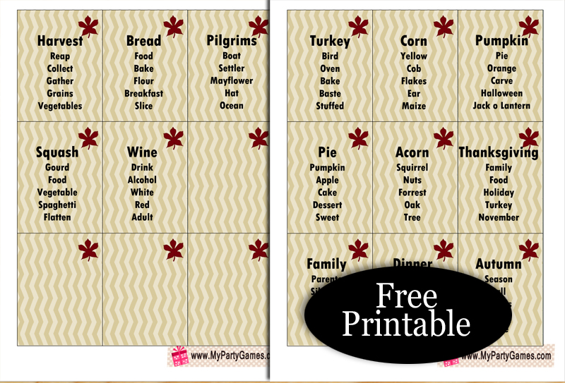 14 Free Printable Thanksgiving Taboo inspired Game Cards