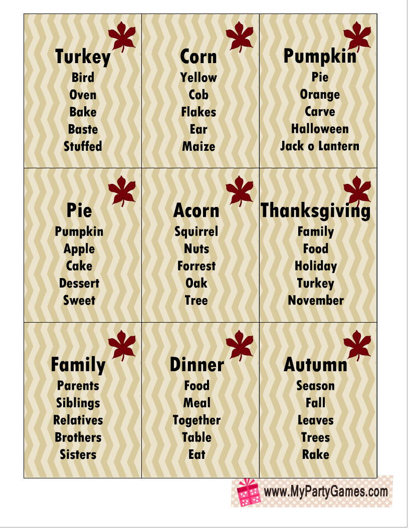 14 Free Printable Thanksgiving Taboo inspired Game Cards