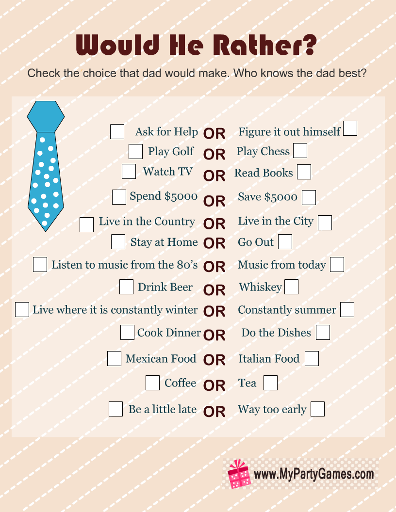 Free Printable Would he Rather? Father's Day Game