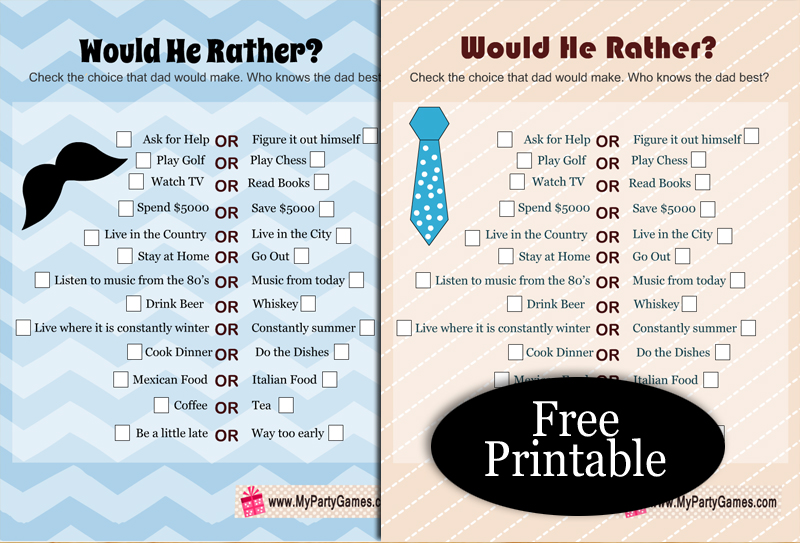 Free Printable Would he Rather? Game for Father's Day