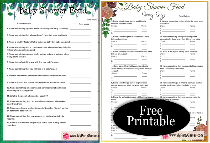 Baby Feud, Free Printable Baby Shower Family Feud Game