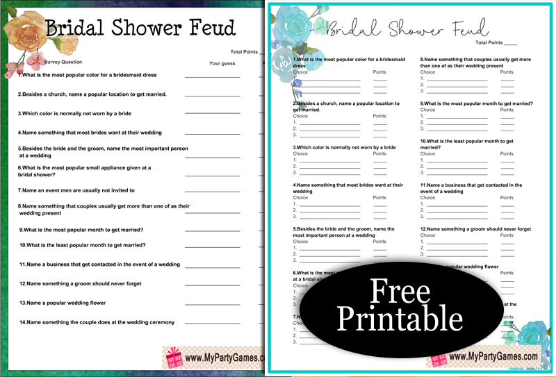 Free Printable Bridal Shower Family Feud Game