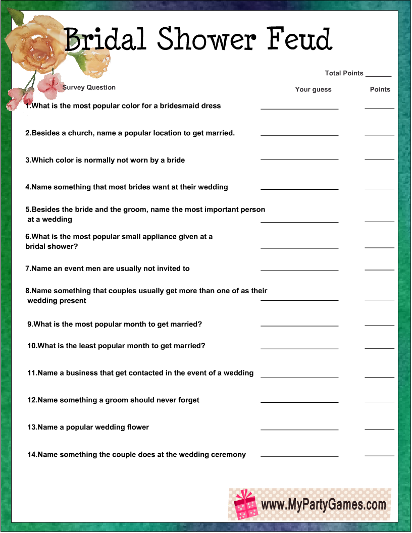 Free Printable Family Feud Game for Bridal Shower