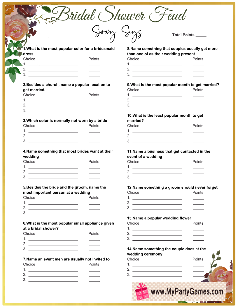 Free Printable Bridal Shower Family Feud Game Sheet 1