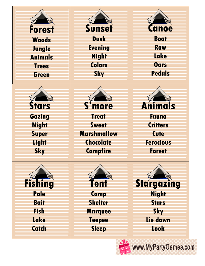 25 Free Printable Camping Trip Taboo-inspired Game Cards