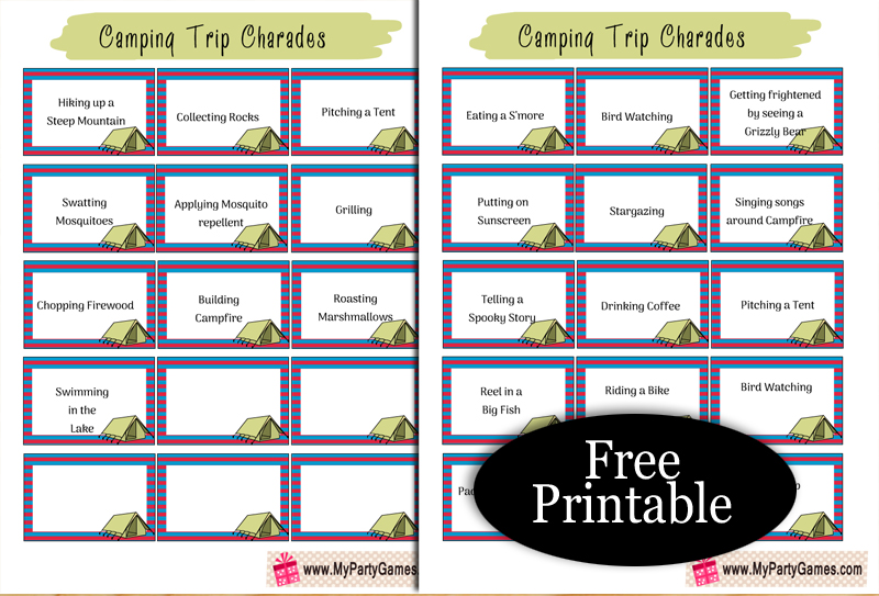 25 Free Printable Camping Trip Charades and Pictionary Cards