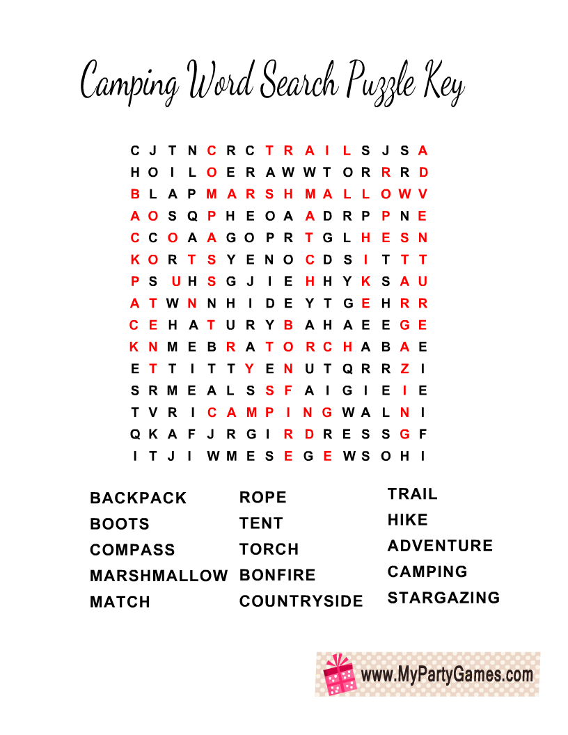 Camping Word Search Puzzle Key