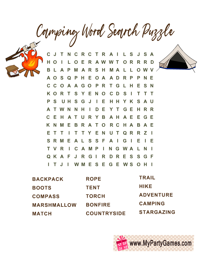 Free Printable Camping Word Search Puzzle with Key
