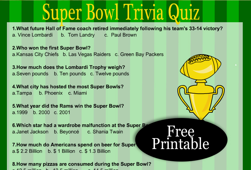 Free Printable Football Super Bowl Trivia Quiz