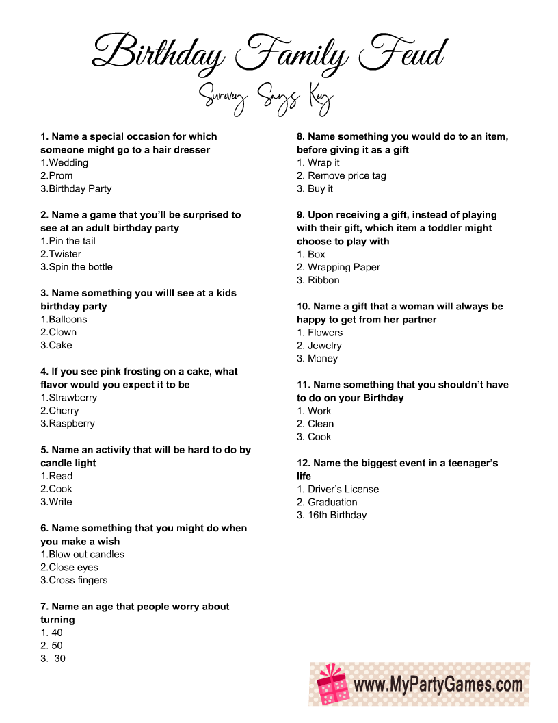 Free Printable Birthday Family Feud Game Survey Key