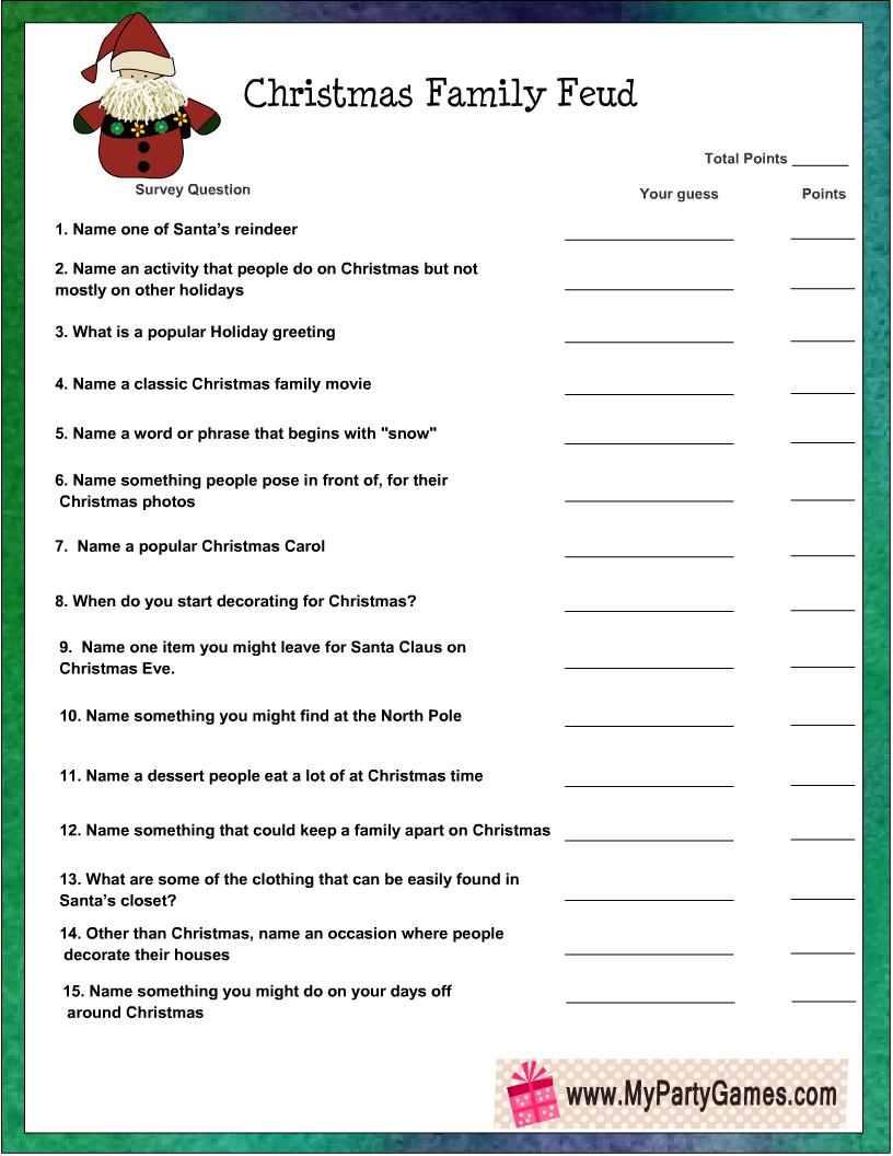 Family Feud for a Group Questions.pdf - Google Drive  Family feud game,  Family feud, Fun christmas party games