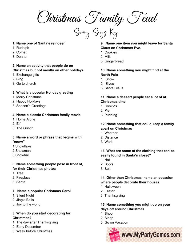 Christmas Family Feud Questions And Answers Printable Free Printable
