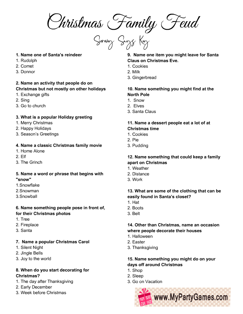 Christmas Family Feud Questions And Answers Printable Free Printable 