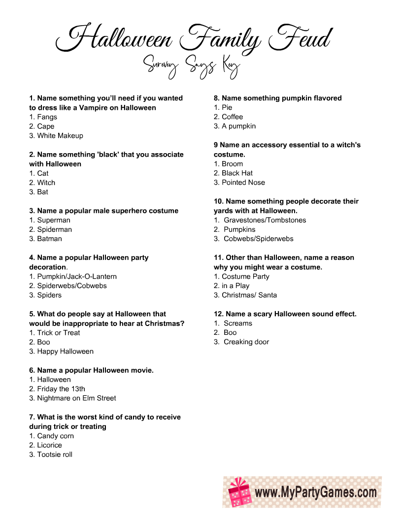 Halloween Feud, Free Printable Family Feud Game Survey Key