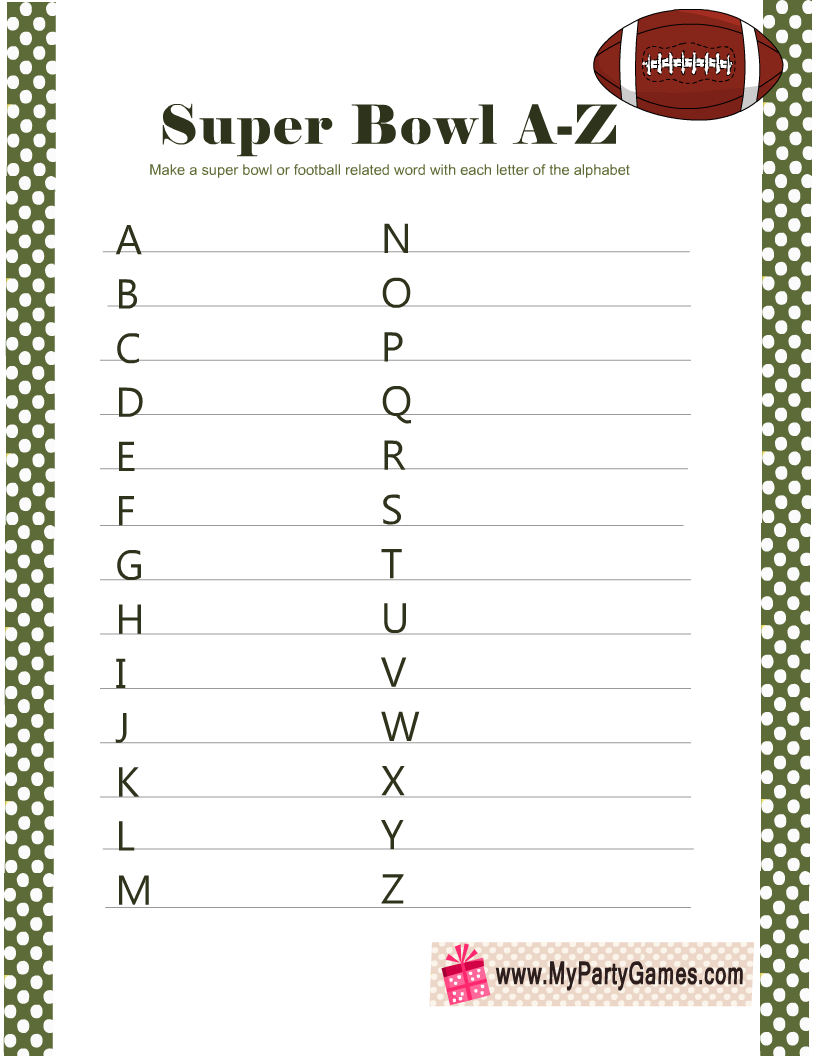 Free Printable Super Bowl A-Z Game