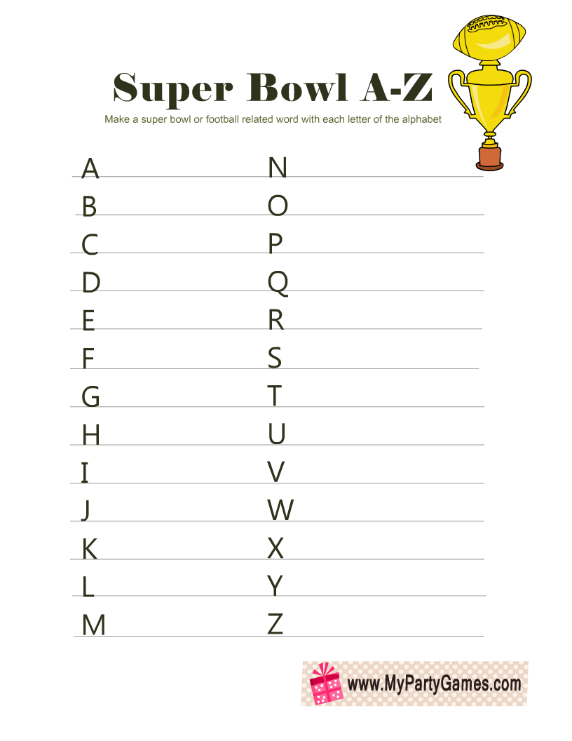 Super Bowl A-Z Game Free Printable