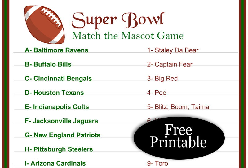Free Printable Super Bowl Match the Mascot Game