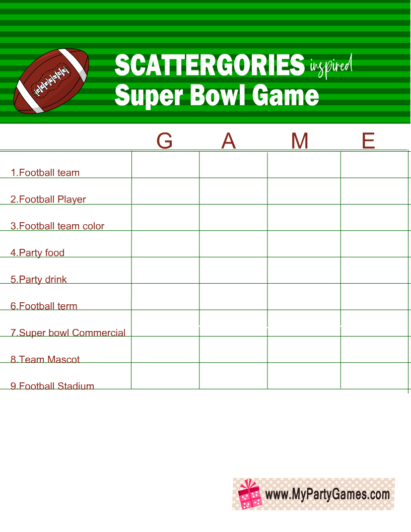 Free Printable Super Bowl Scattergories (GAME)