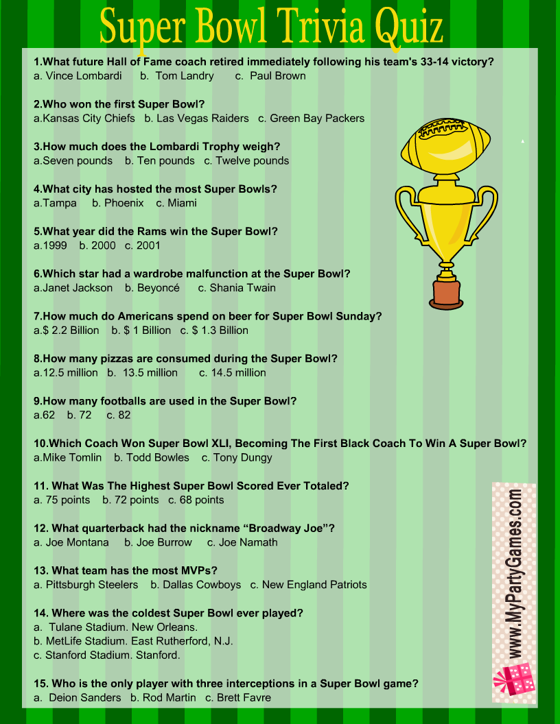 Free Printable Football Super Bowl Trivia Quiz
