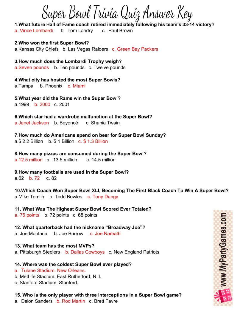 Free Printable Football Super Bowl Trivia Quiz