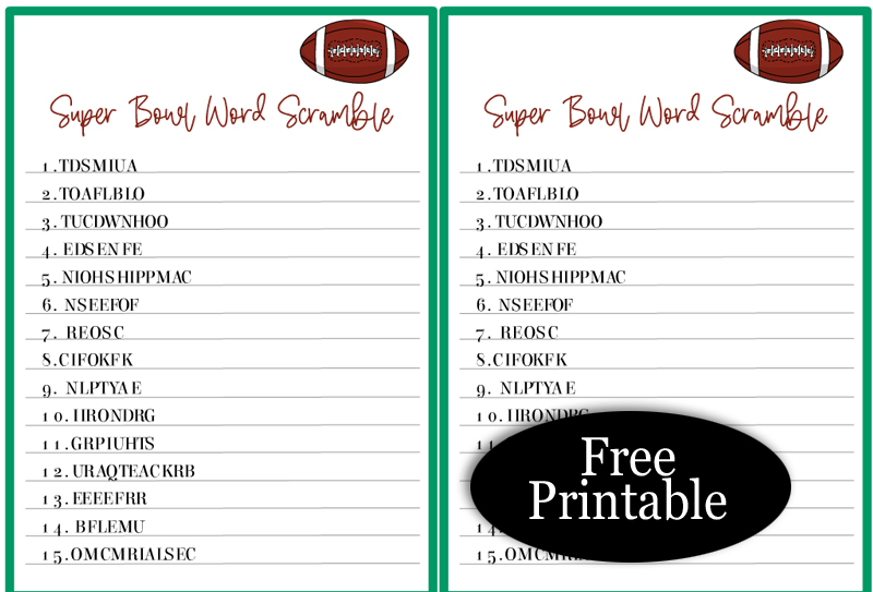 Free Printable Super Bowl Word Scramble Game