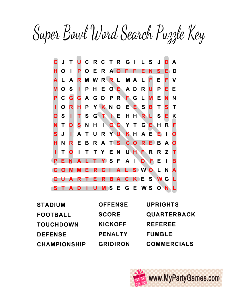 Free Printable Super Bowl Word Search Puzzle Answer Key