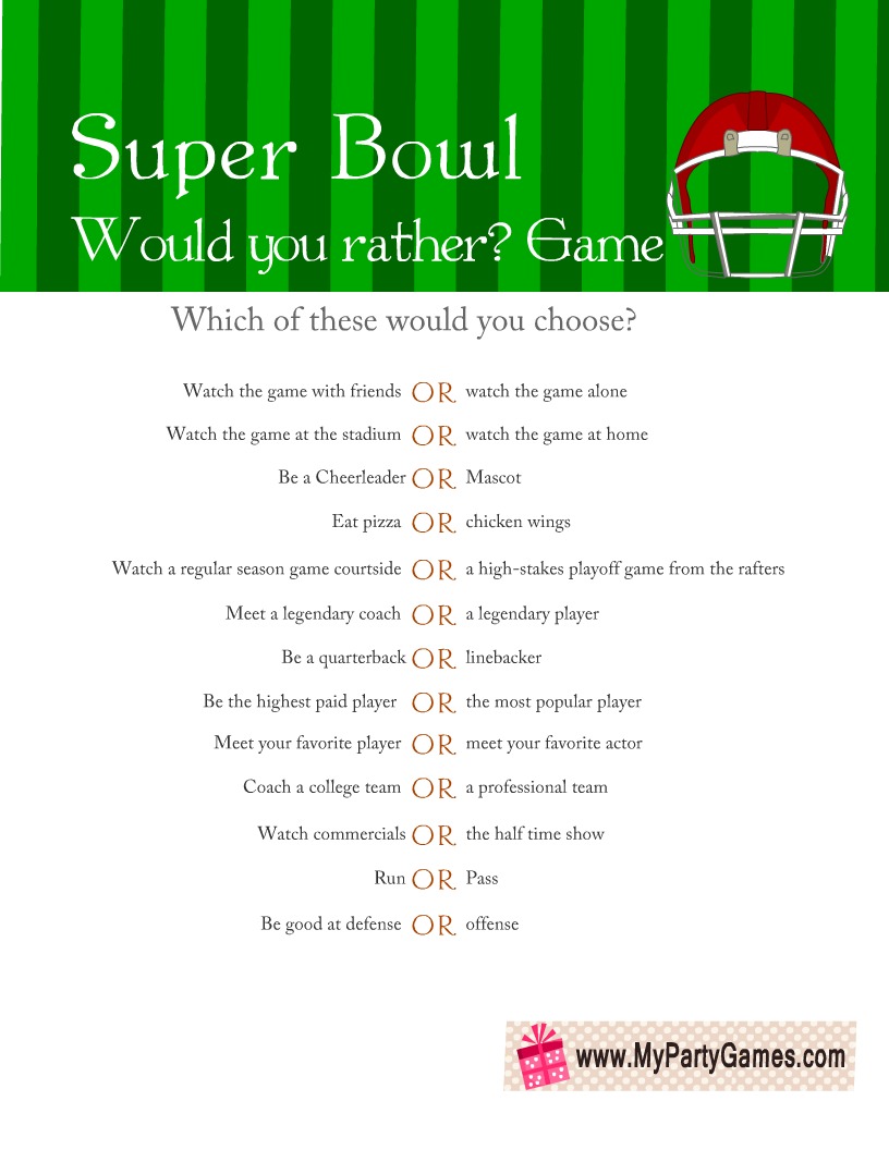 Free Printable Super Bowl Would you Rather? Game